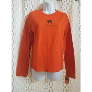 Halloween Tees Trick or treat Cat Women's Shirts Long Sleeve Orange Size M